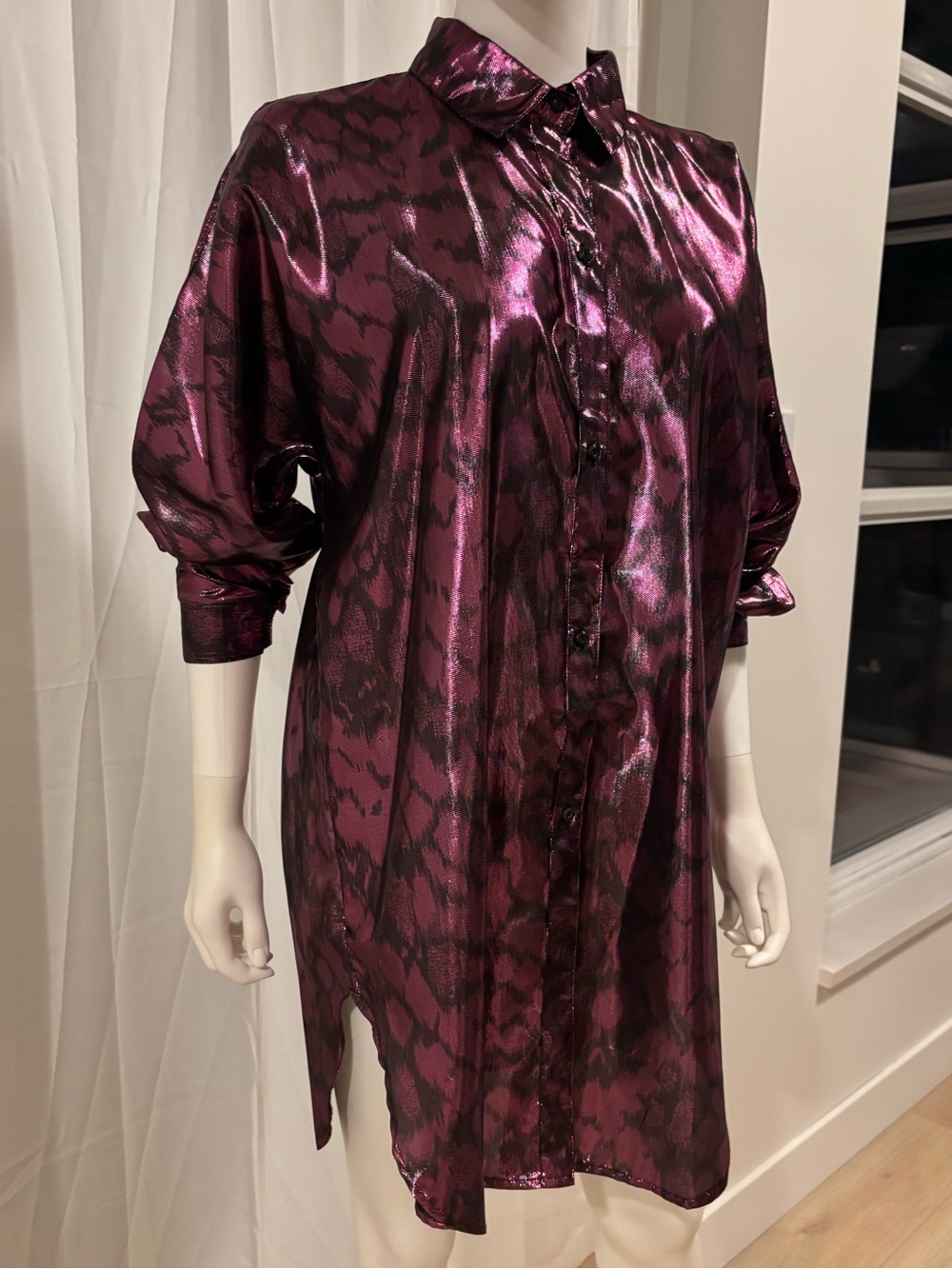Vintage 1980s Metallic Purple Black Abstract Print Shirt Dress